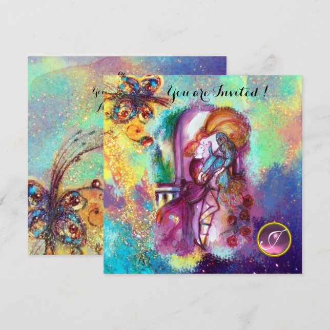 Invitación ROMEO Y JULIET Floral Blue Gold Sparkles (Anverso / Reverso)