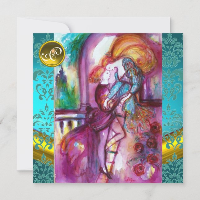 Invitación ROMEO Y JULIETA Aqua Azul, Damask Floral Turquesa (Anverso)