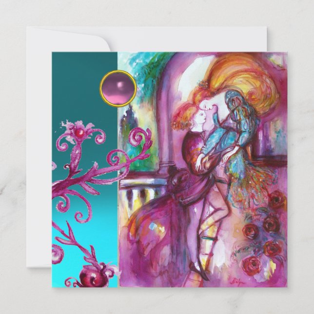 Invitación ROMEO Y JULIETA /Torsiones florales de damasco ros (Anverso)