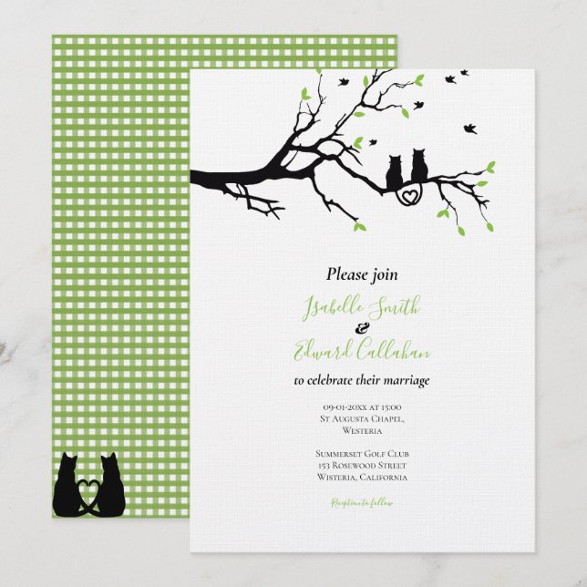 Invitación Rompiendo Gatos Negros En El Boda Green Gingham De (Anverso / Reverso)