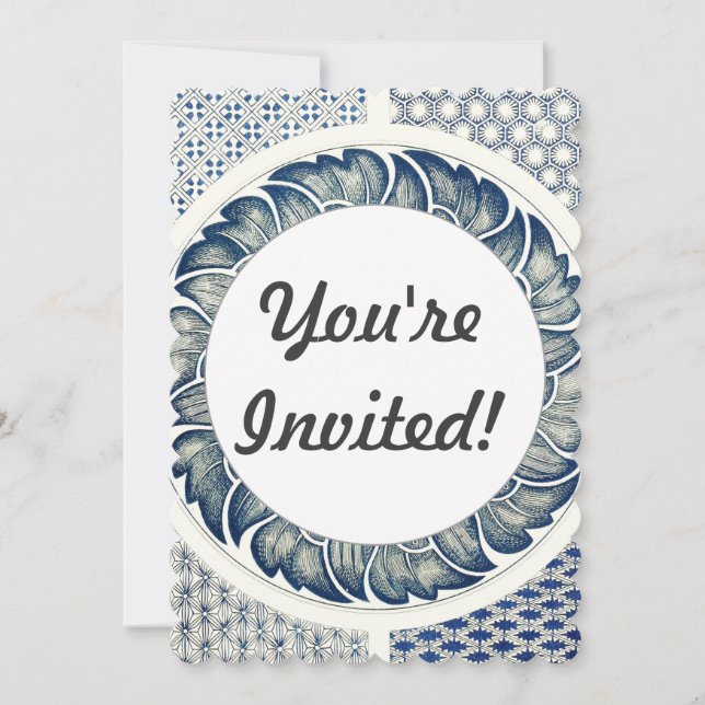 Invitación Ronda azul blanca floral china (Anverso)