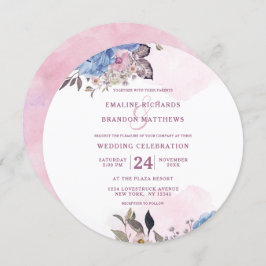 Invitación Ronda de Bodas florales azules y rosas de encanto