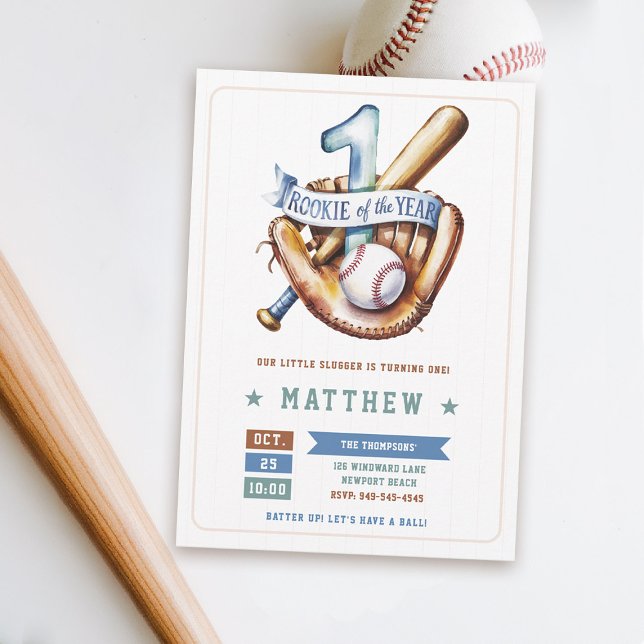 Invitación Rookie Ball Bat Blue Fun Boy Primer cumpleaños (rookie of the year 1st birthday invite boy baseball theme sports all star milestone blue green)