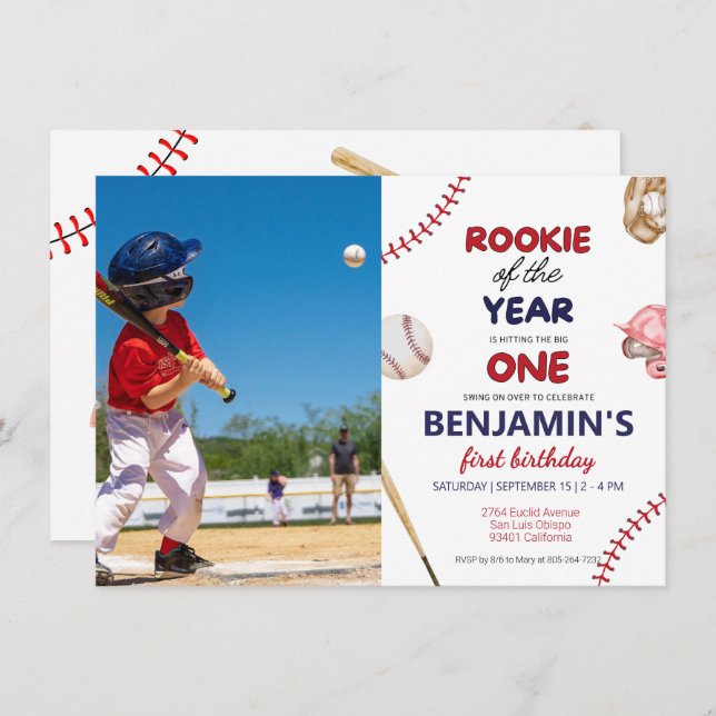 Invitación Rookie baseball azul rojo primer cumpleaños Foto (Anverso / Reverso)