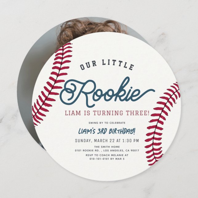 Invitación Rookie Baseball Boy Birthday Photo Circle (Anverso / Reverso)