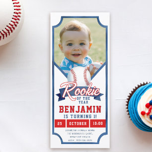Invitación Rookie Baseball Photo Blue Boy Primer cumpleaños