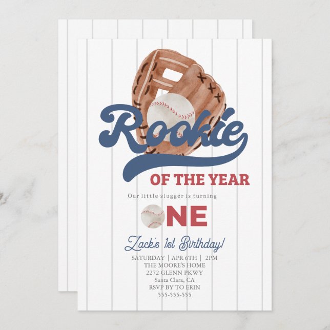 Invitación Rookie Béisbol Glove Boys 1er cumpleaños (Anverso / Reverso)
