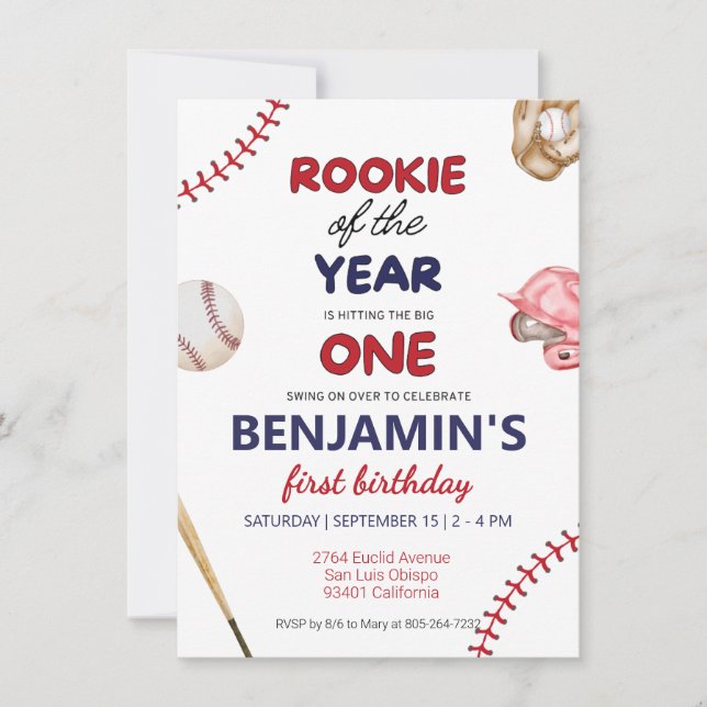 Invitación Rookie beisbol rojo azul primer cumpleaños (Anverso)