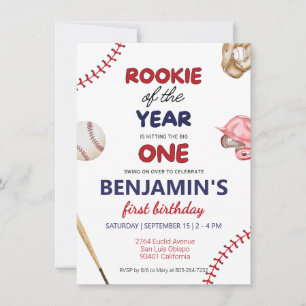 Invitación Rookie beisbol rojo azul primer cumpleaños