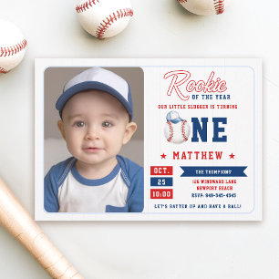 Invitación Rookie Cap Stripes de béisbol Foto Boy Primer cump