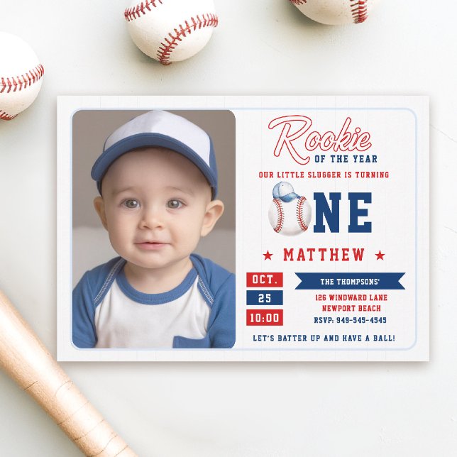 Invitación Rookie Cap Stripes de béisbol Foto Boy Primer cump (rookie of the year 1st birthday invite boy baseball theme sports all star red blue stripes photo)
