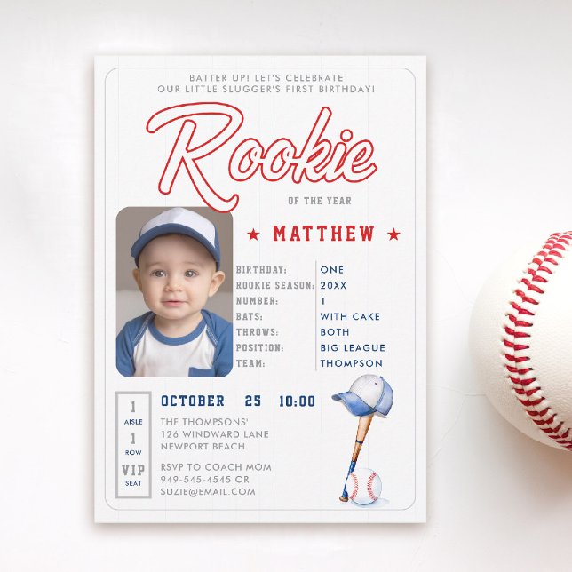 Invitación Rookie de Béisbol, estadísticas, foto pequeña, pri (rookie of the year 1st birthday invite boy baseball theme sports player stats card ticket red blue)