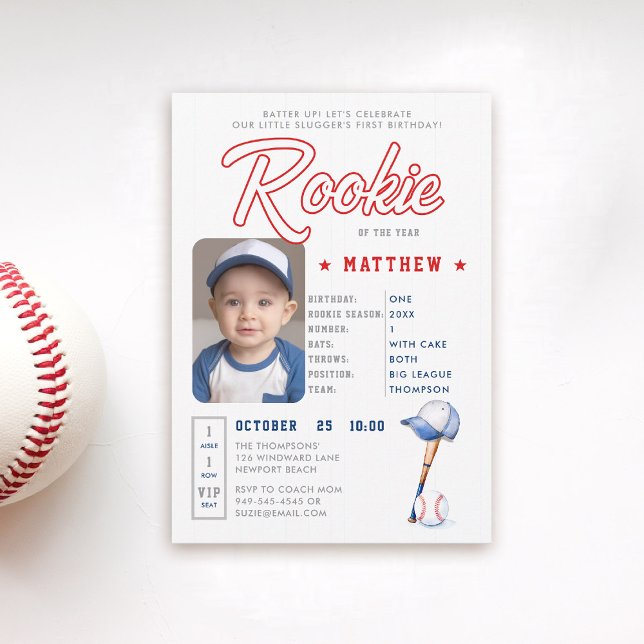 Invitación Rookie de béisbol se burla de foto chico primer cu (rookie of the year 1st birthday invite boy baseball theme sports player stats card ticket blue red)