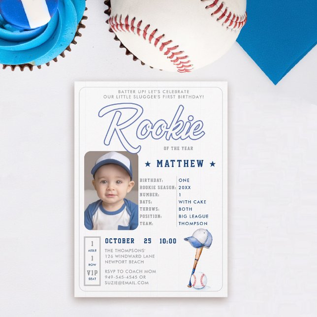 Invitación Rookie de Béisbol Stats Blue Photo Boy Primer cump (rookie of the year 1st birthday invite boy baseball theme sports player stats card ticket blue)