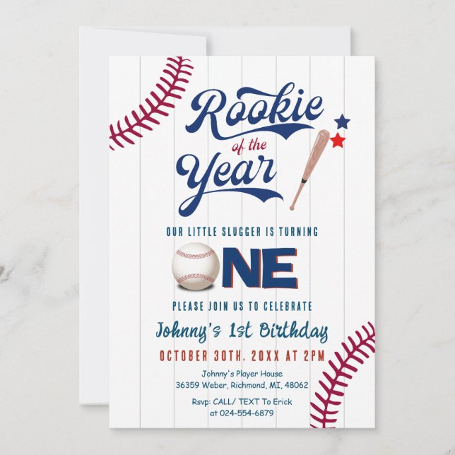 Invitación Rookie de cumpleaños de primer año de béisbol (Anverso)
