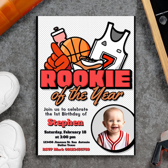 Invitación Rookie del año - Boy First Birthday Basketball (Rookie of the Year - Boy First Birthday Basketball Invitation with Photo Picture)