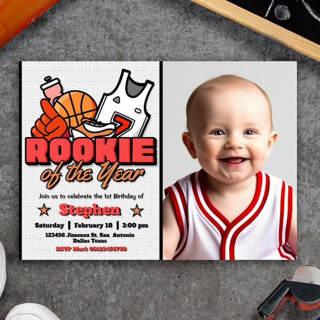 Invitación Rookie del año - Boy First Birthday Basketball (Rookie of the Year - Boy First Birthday Basketball Landscape Invitation with Photo Picture)