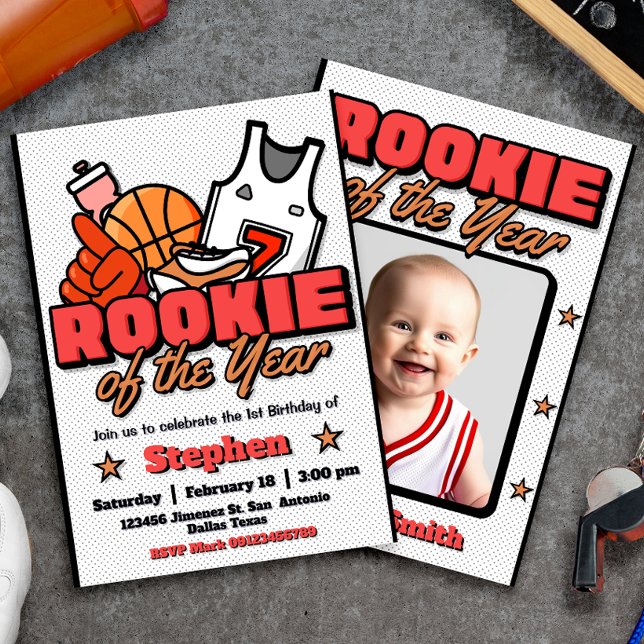 Invitación Rookie del año - Boy First Birthday Basketball (Rookie of the Year - Boy First Birthday Basketball Invitation with Photo Picture)