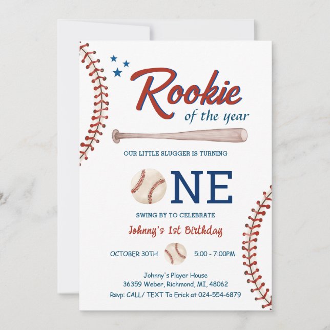 Invitación Rookie del año, primer cumpleaños del béisbol. Fot (Anverso)