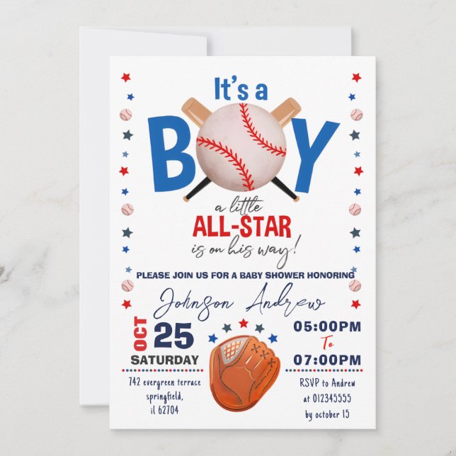 Invitación Rookie, Fiesta del beisbol Baby Shower (Anverso)