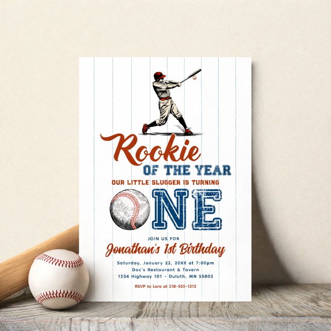 Invitación Rookie of the Year Baseball 1st Birthday (One Year Old Baseball Invitation)