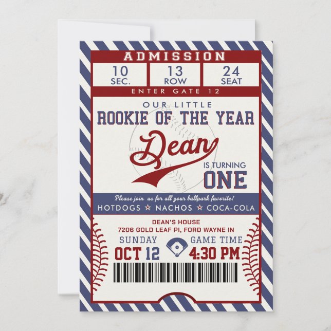 Invitación Rookie of the Year Birthday Baseball Ticket (Anverso)