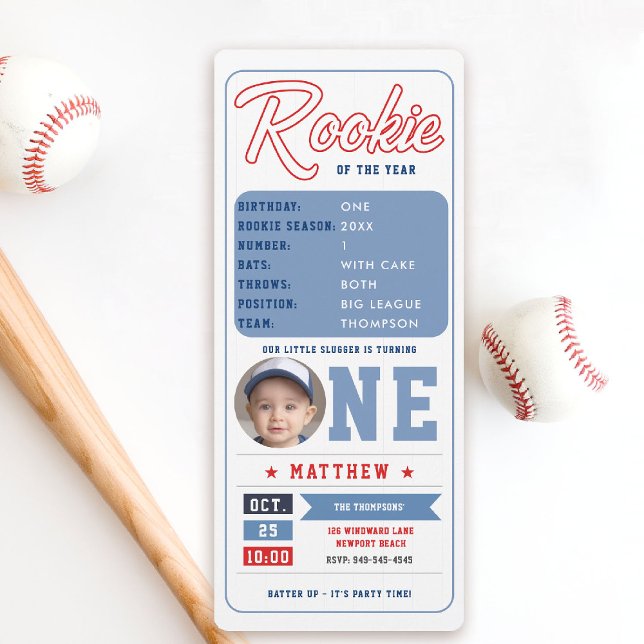 Invitación Rookie Stats de Béisbol Pic Ticket Boy Primer cump (baseball 1st birthday invite boy little slugger rookie of the year player stats ticket template)