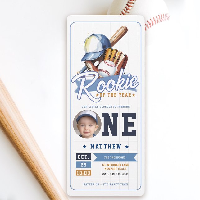 Invitación Rookie Ticket de béisbol foto Blue Boy Primer cump (rookie of the year 1st birthday invite boy baseball theme sports ticket blue brown photo template)