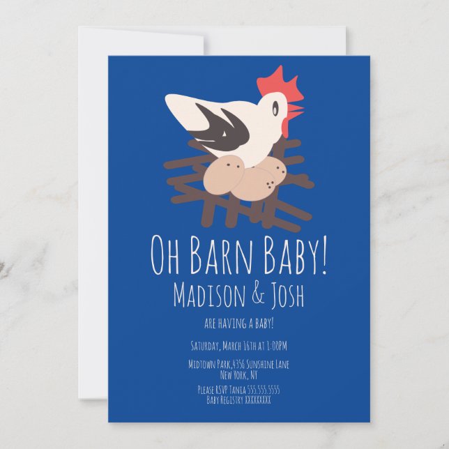 Invitación Rooster Barn Animals Farm Baby Shower Art Blue (Anverso)