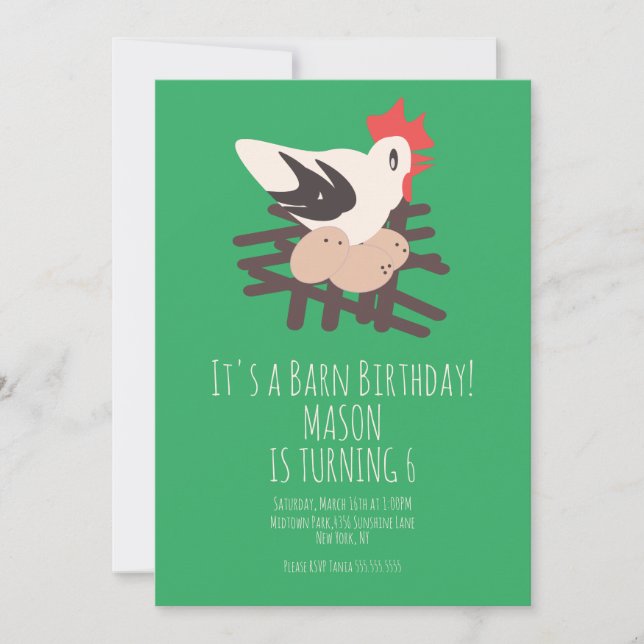 Invitación Rooster Barn Animals Farm Birthday Art Green (Anverso)