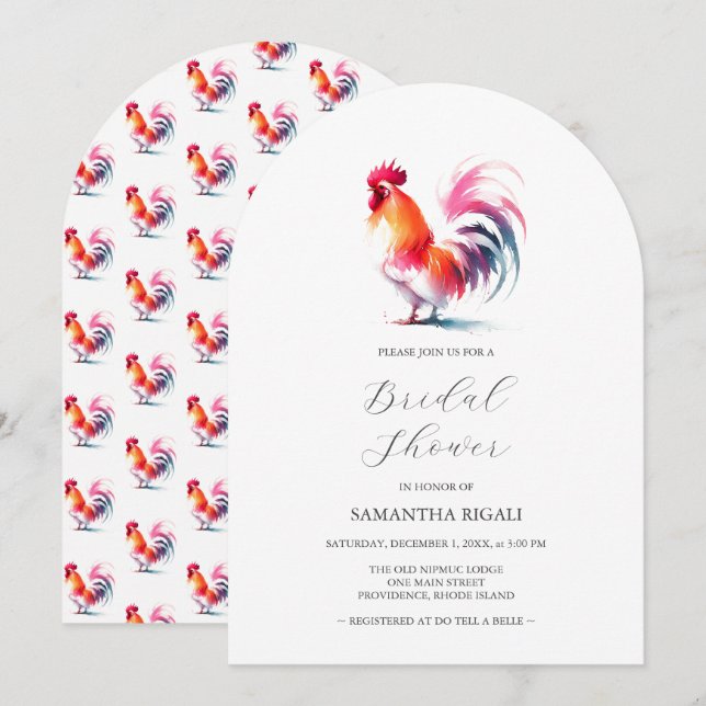 Invitación Rooster de color de agua, ducha de novia (Anverso / Reverso)