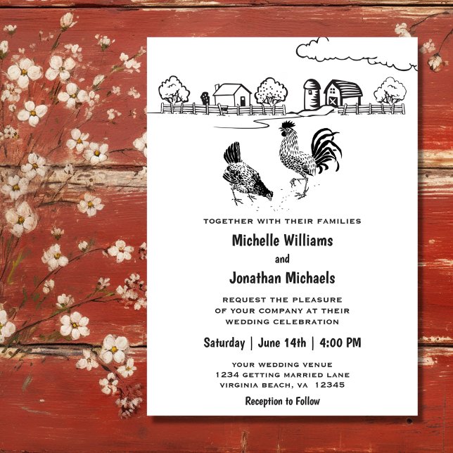 Invitación Rooster y Hen Chickens Charming Farm Boda (Front - Rooster and Hen Chickens Charming Farm Wedding Invitation)
