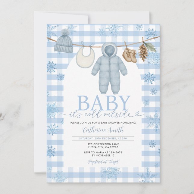 Invitación Ropa azul de invierno Ropa de Baby Shower Nieve (Anverso)