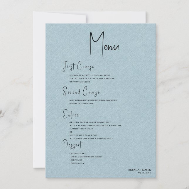 Invitación Ropa azul Menú simple Boda de guión negro (Anverso)