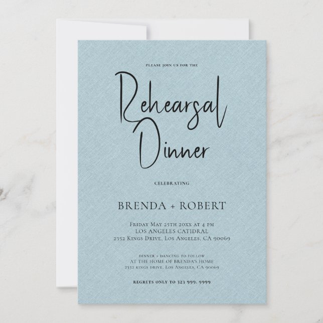 Invitación Ropa azul Sencilla escritura negra Ensayo de cena (Anverso)