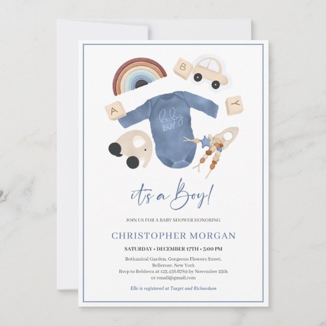 Invitación Ropa boho para niños y juguetes de madera arco iri (Anverso)