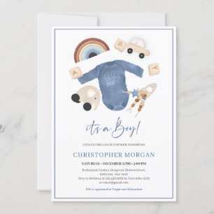Invitación Ropa boho para niños y juguetes de madera arco iri