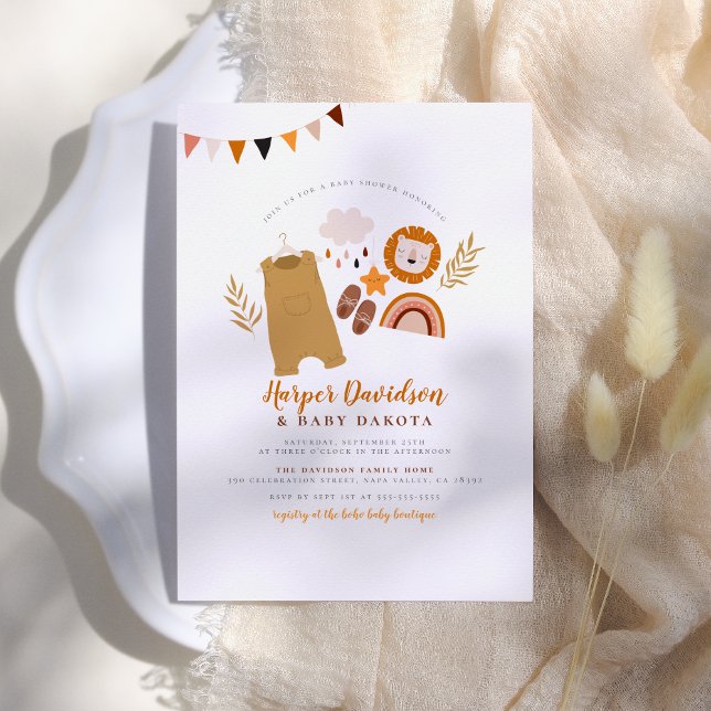 Invitación Ropa Boho y Naranja lindo arcoiris Baby Shower (Subido por el creador)