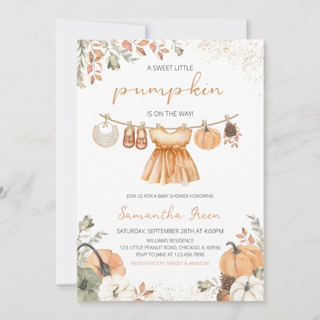 Invitación Ropa Caída Pequeña Calabaza Baby Shower (Anverso)