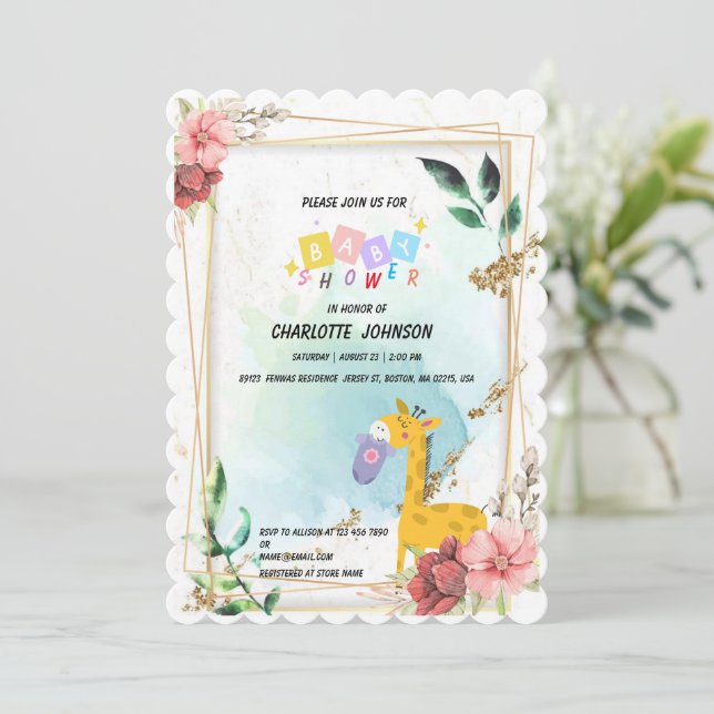 Invitación Ropa cutánea jirafa Floral Bebé ducha (Anverso de pie)