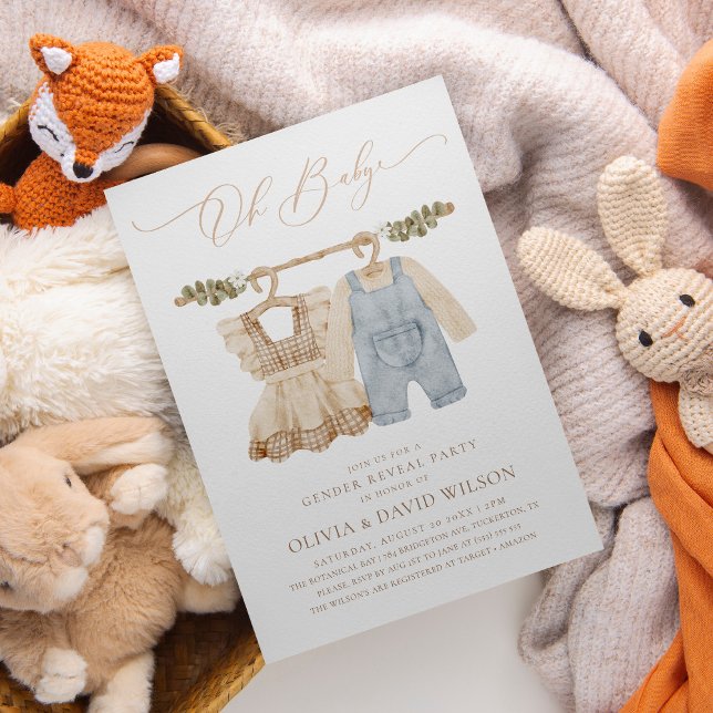 Invitación Ropa de Bebé Acuarela Rústica de género revelada (Subido por el creador)