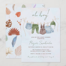 Invitación Ropa de bebé azul acuarela boho Oh Boy