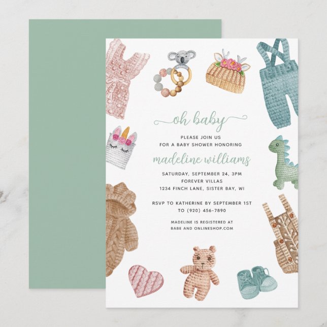Invitación Ropa de Bebé BOHO Género Neutral Oh Baby Shower I (Anverso / Reverso)