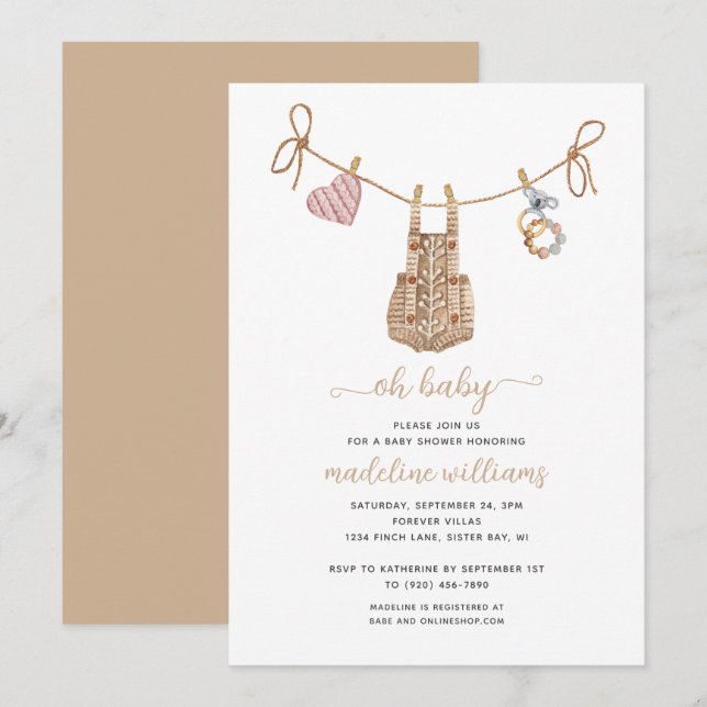 Invitación Ropa de Bebé BOHO Neutral Oh Baby Shower (Anverso / Reverso)