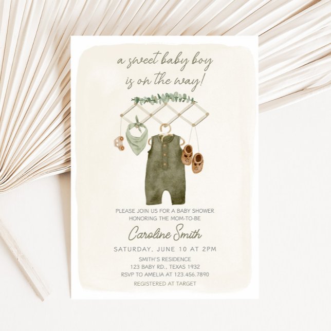 Invitación Ropa de bebé boho niño Cumpleaños del bebé (Sweet Baby Boy Baby Shower Invitation)
