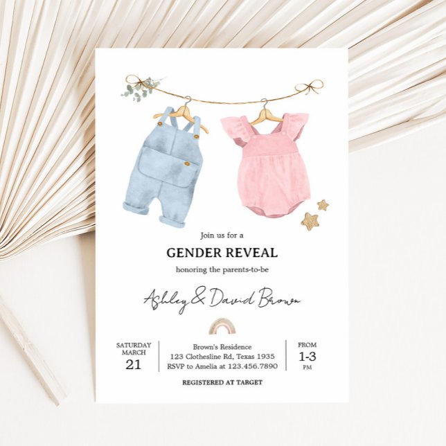 Invitación Ropa de bebé boho Revelación de género (Boho Baby Clothesline Baby Shower Invitation)