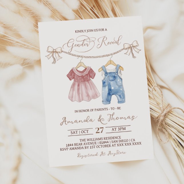 Invitación Ropa de bebé boho rosa azul Revelación de género (Subido por el creador)