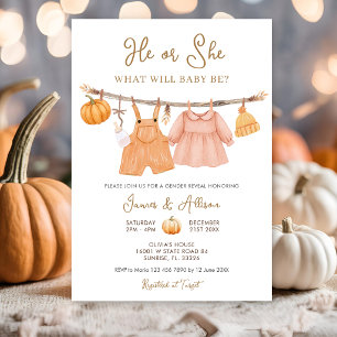 Invitación Ropa de bebé Calabaza Él o Ella Revelación de géne
