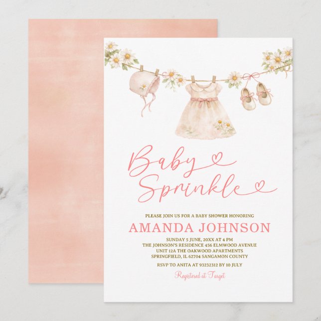 Invitación Ropa de bebé Dainty Clothesline Sprinkle Niña Rosa (Anverso / Reverso)