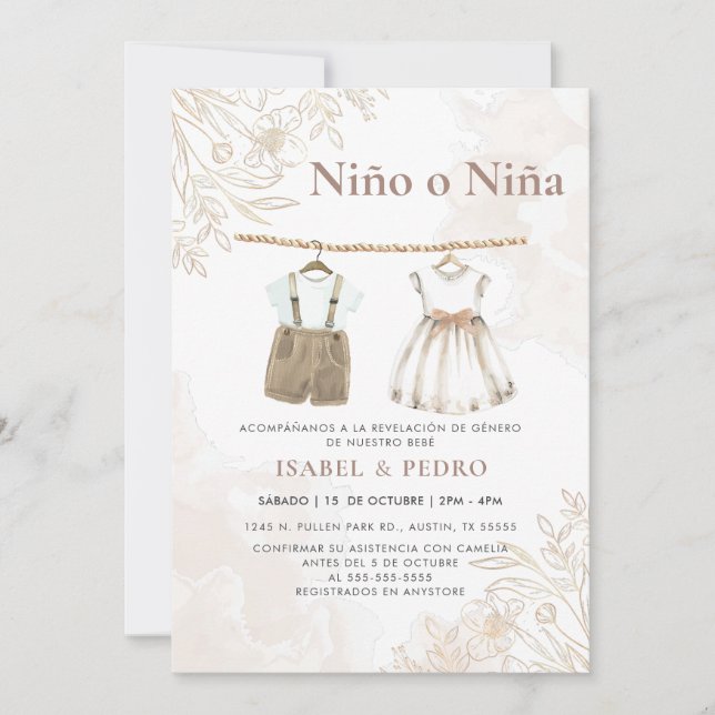 Invitación Ropa de bebé de flores silvestres revelan género e (Anverso)